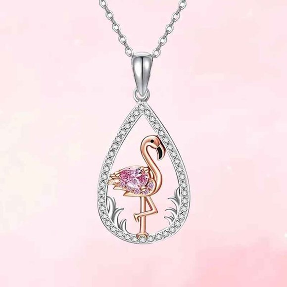 Pink Flamingo Water Drop Pendant Necklace - Picture 2 of 3